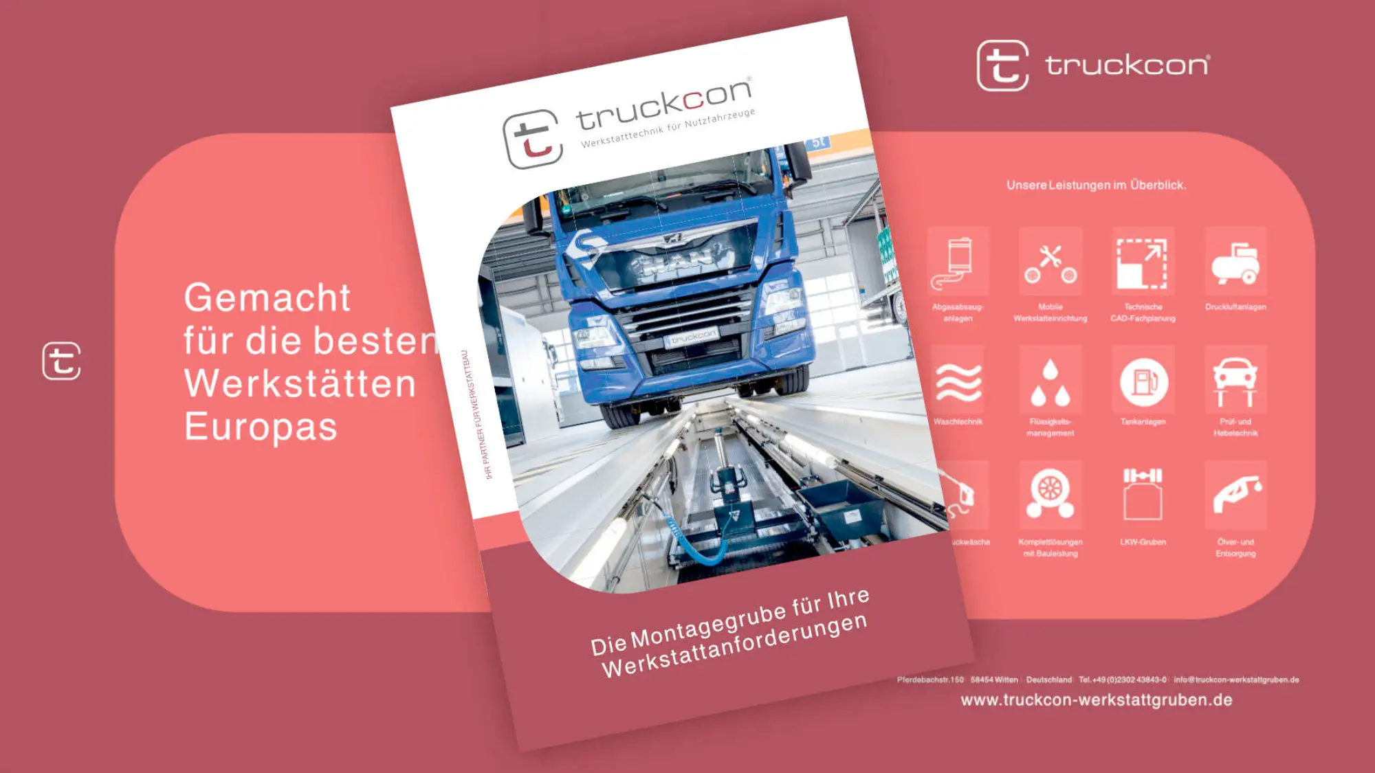 Die neu gestaltete Imagebroschüre der Truckcon Werkstattgruben.